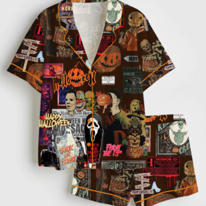 Womenâ€™s Retro Horror Movie Halloween Enjoyer Thriller Retro Ghost Pumpkin Print Short Sleeve Satin Pajama Set