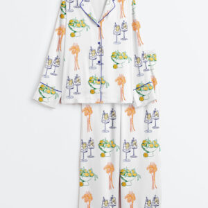 Women's Retro Kitchen Art Cocktail Drinks Pasta Lover Long Sleeve Satin Pajama Set