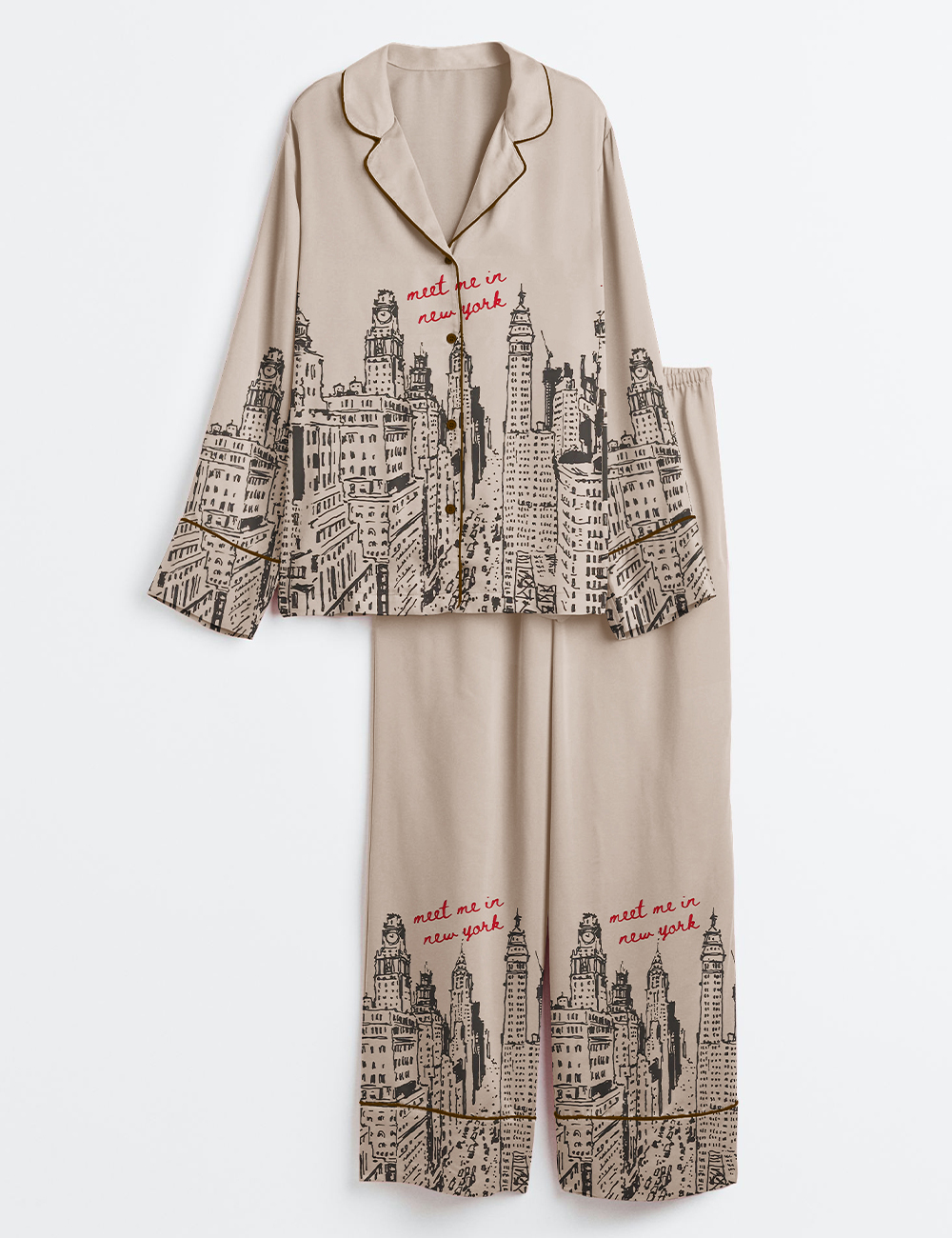 Women’s Retro New York City Travel Meet Me In NY Long Sleeve Satin Pajama Set