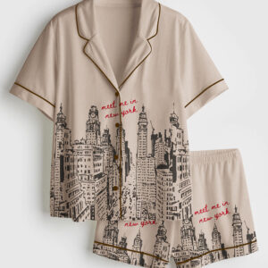 Women's Retro New York City Travel Meet Me In NY Short Sleeve Satin Pajama Set