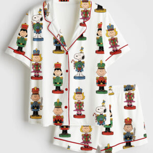 Women's Retro Nutcracker Dog Cartoon And Friends Christmas Short Sleeve Silky Satin Pajama Set