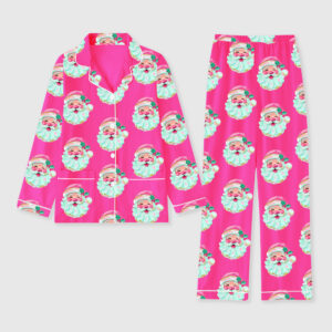 Women's Retro Pink Santa Christmas Holiday Long Sleeve Pocket Cotton Pajama Set