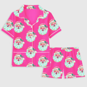 Women's Retro Pink Santa Christmas Holiday Short Sleeve Pocket Cotton Pajama Set