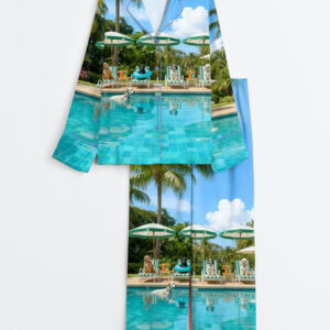 Women's Retro Poolside Dogs Luxury Beach House Holiday Travel Long Sleeve Satin Pajamas Set