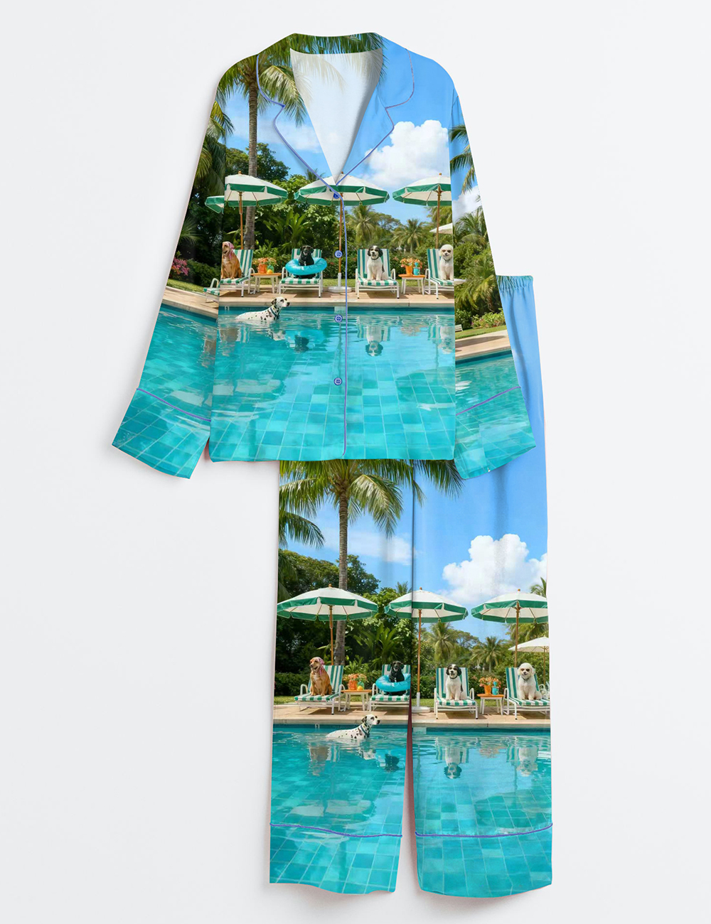 Women's Retro Poolside Dogs Luxury Beach House Holiday Travel Long Sleeve Satin Pajamas Set