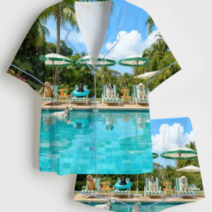 Women's Retro Poolside Dogs Luxury Beach House Holiday Travel Short Sleeve Satin Pajama Set