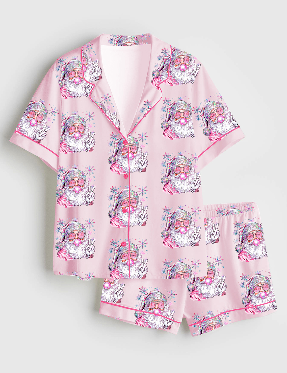 Women's Retro Santa Christmas Blowing Bubble Funny Santa With Sunglasses Xmas Short Sleeve Satin Pajama Set