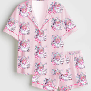 Women's Retro Santa Christmas Blowing Bubble Funny Santa With Sunglasses Xmas Short Sleeve Satin Pajama Set