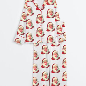 Womenâ€™s Retro Santa Christmas Blowing Bubble Long Sleeve Satin Pajama Set