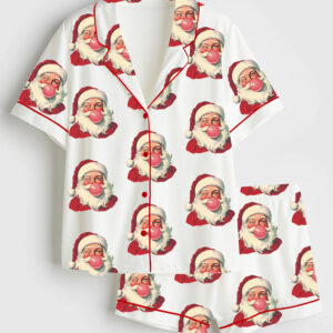 Women's Retro Santa Christmas Blowing Bubble Short Sleeve Satin Pajama Set