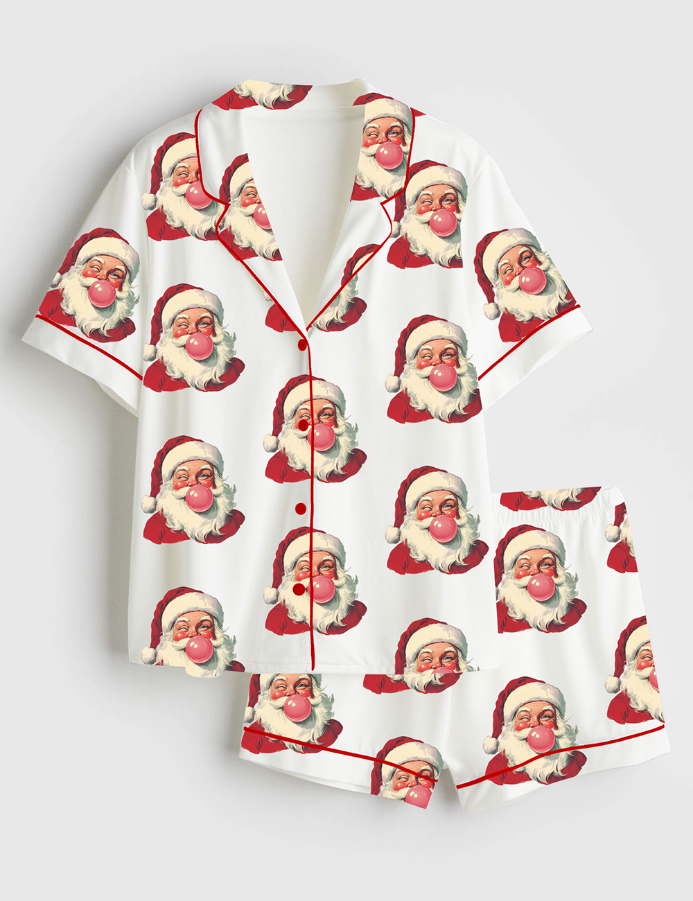 Womenâ€™s Retro Santa Christmas Blowing Bubble Short Sleeve Satin Pajama Set