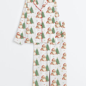 Women's Retro Santa Christmas Party Vintage Holiday Cocktail Long Sleeve Satin Pajamas Set