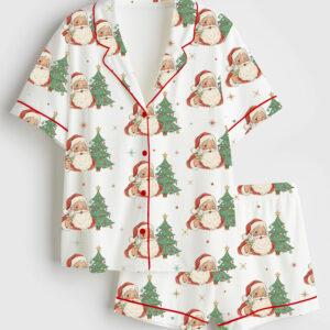 Women's Retro Santa Christmas Party Vintage Holiday Cocktail Short Sleeve Satin Pajama Set