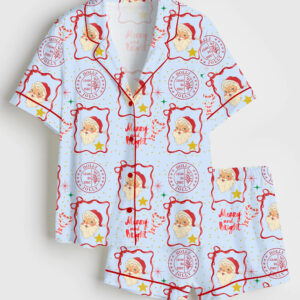 Womenâ€™s Retro Santa Vintage Christmas Short Sleeve Satin Pajama Set