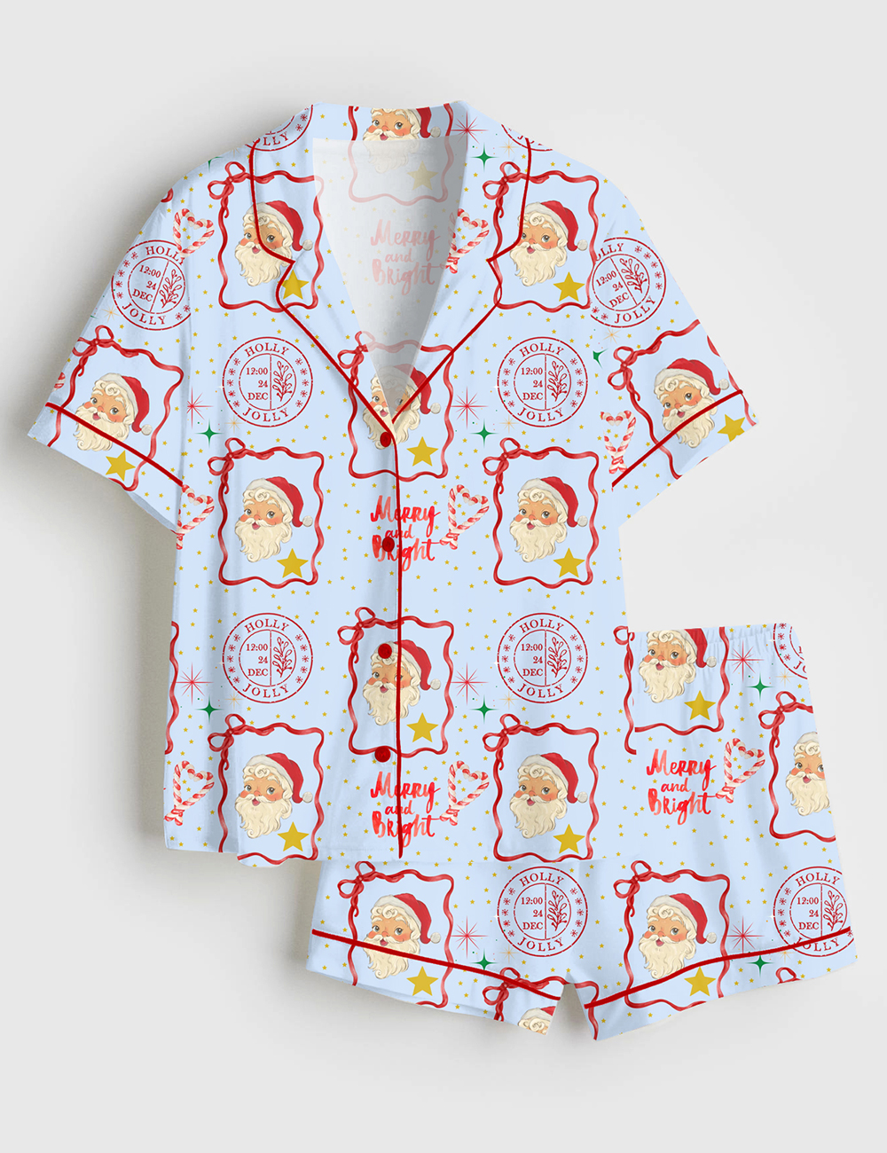 Womenâ€™s Retro Santa Vintage Christmas Short Sleeve Satin Pajama Set