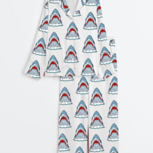 Women's Retro Shark Movie Long Sleeve Satin Pajamas Set