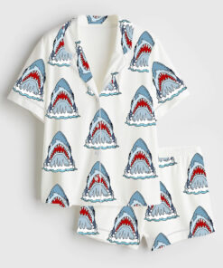 Women's Retro Shark Movie Short Sleeve Satin Pajama Set