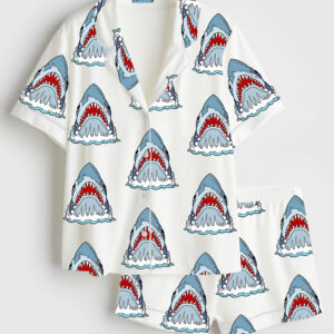 Women's Retro Shark Movie Short Sleeve Satin Pajama Set
