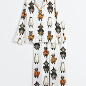 Women's Retro Spooky And Feral Raccoon Halloween Feral Girl Creepy Cute Raccoon Ghost Print Long Sleeve Satin Pajama Set