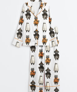 Women's Retro Spooky And Feral Raccoon Halloween Feral Girl Creepy Cute Raccoon Ghost Print Long Sleeve Satin Pajama Set