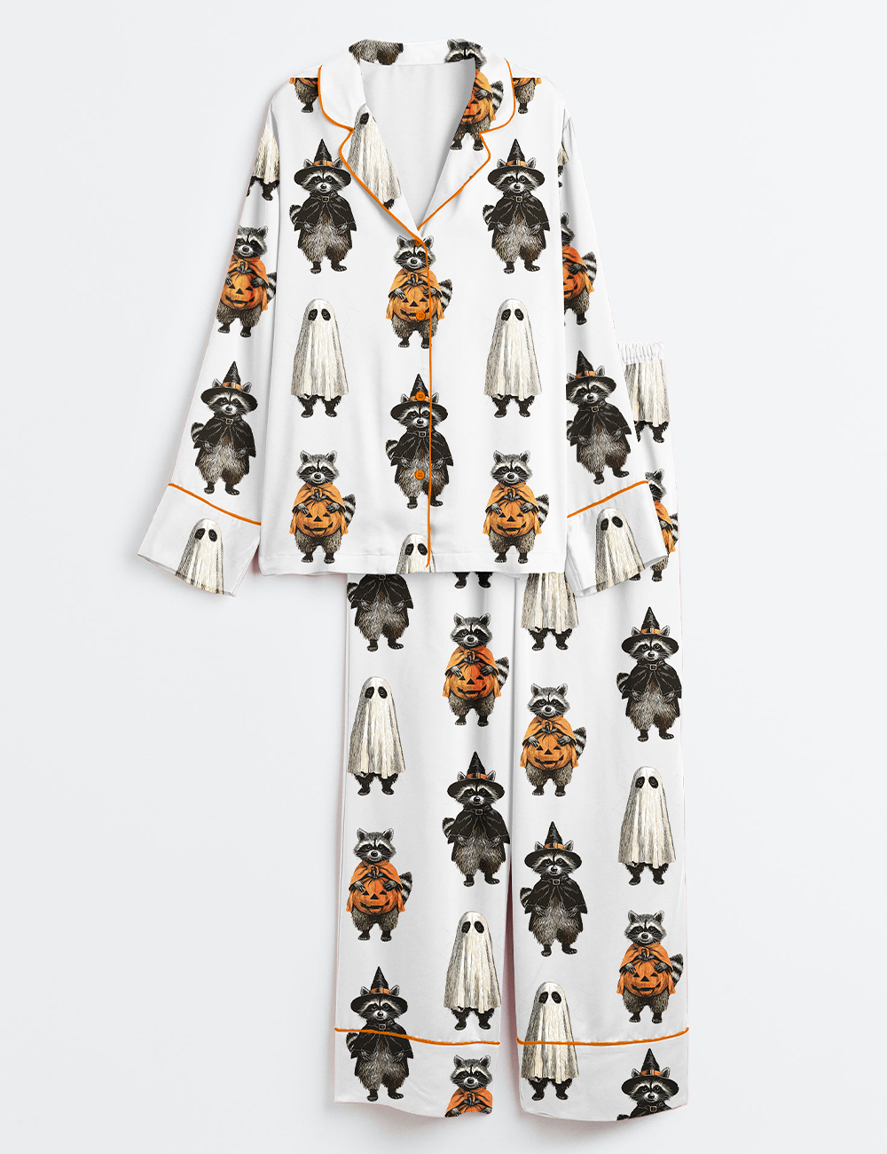 Women's Retro Spooky And Feral Raccoon Halloween Feral Girl Creepy Cute Raccoon Ghost Print Long Sleeve Satin Pajamas Set