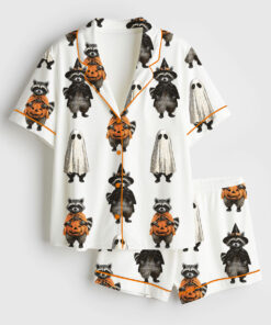 Women's Retro Spooky And Feral Raccoon Halloween Feral Girl Creepy Cute Raccoon Ghost Print Short Sleeve Satin Pajama Set