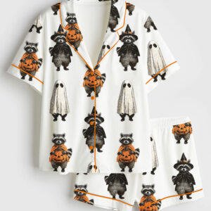 Womenâ€™s Retro Spooky And Feral Raccoon Halloween Feral Girl Creepy Cute Raccoon Ghost Print Short Sleeve Satin Pajama Set