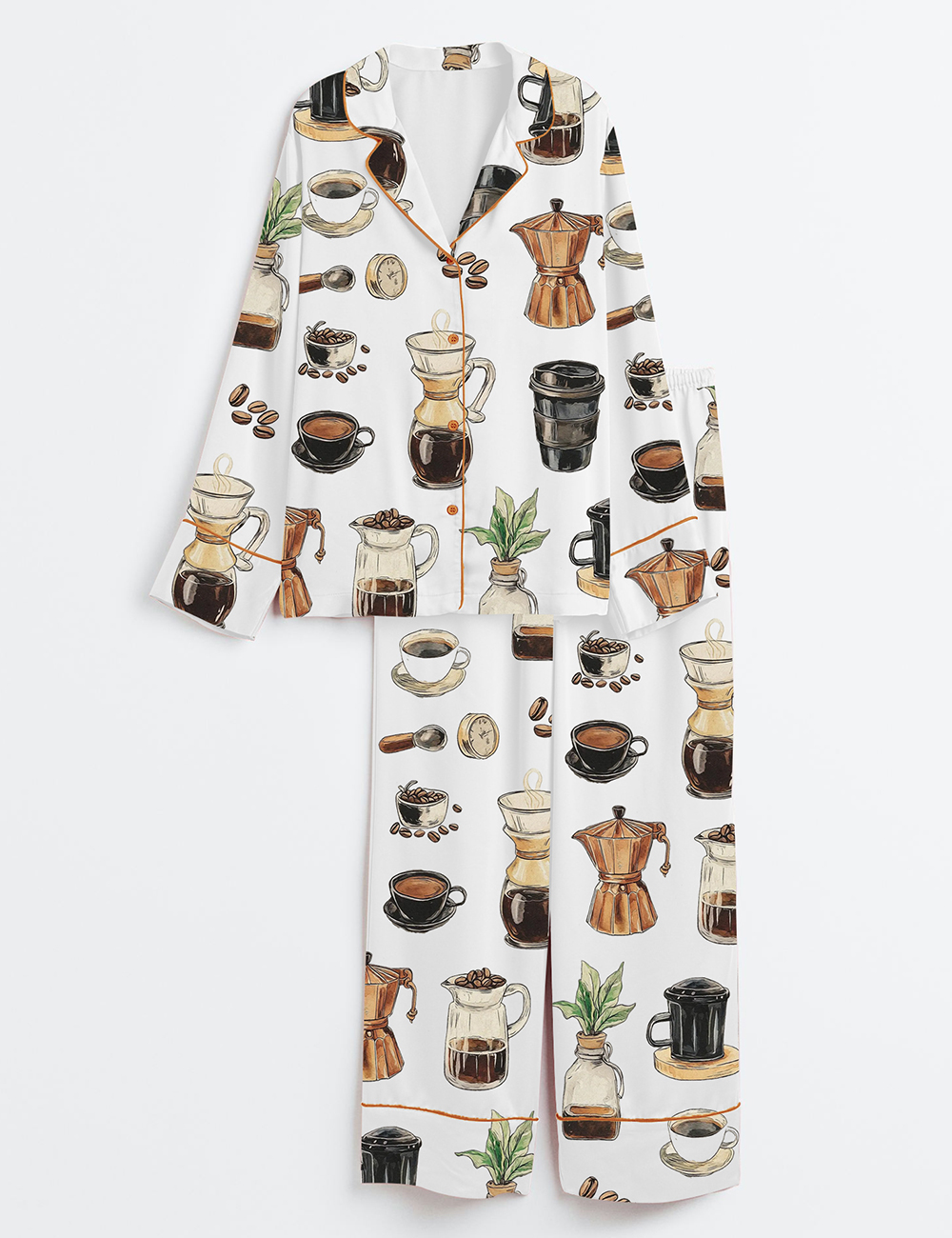 Womenâ€™s Retro Vintage Coffee Coffee Lovers & Baristas Long Sleeve Satin Pajama Set