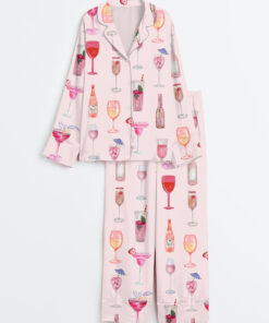 Women's Retro Watercolor Champagne Cocktail Wine Bottle Pink Long Sleeve Satin Pajama Set