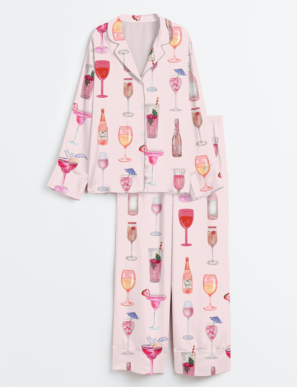 Womenâ€™s Retro Watercolor Champagne Cocktail Wine Bottle Pink Long Sleeve Satin Pajama Set