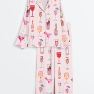 Women's Retro Watercolor Champagne Cocktail Wine Bottle Pink Long Sleeve Satin Pajamas Set