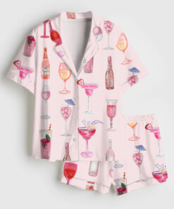 Women's Retro Watercolor Champagne Cocktail Wine Bottle Pink Short Sleeve Satin Pajama Set