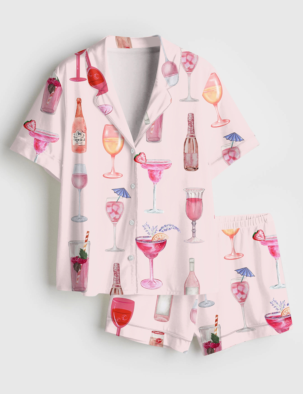 Womenâ€™s Retro Watercolor Champagne Cocktail Wine Bottle Pink Short Sleeve Satin Pajama Set