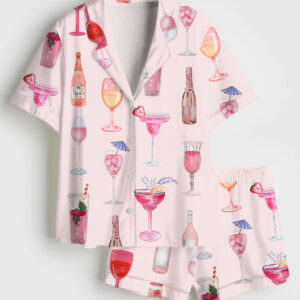 Women's Retro Watercolor Champagne Cocktail Wine Bottle Pink Short Sleeve Satin Pajama Set