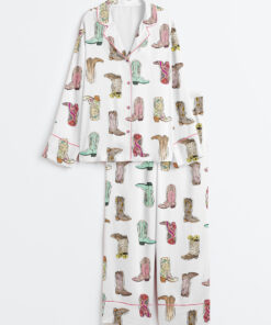 Women's Retro Western Boots Cowgirl Print Long Sleeve Satin Pajama Set