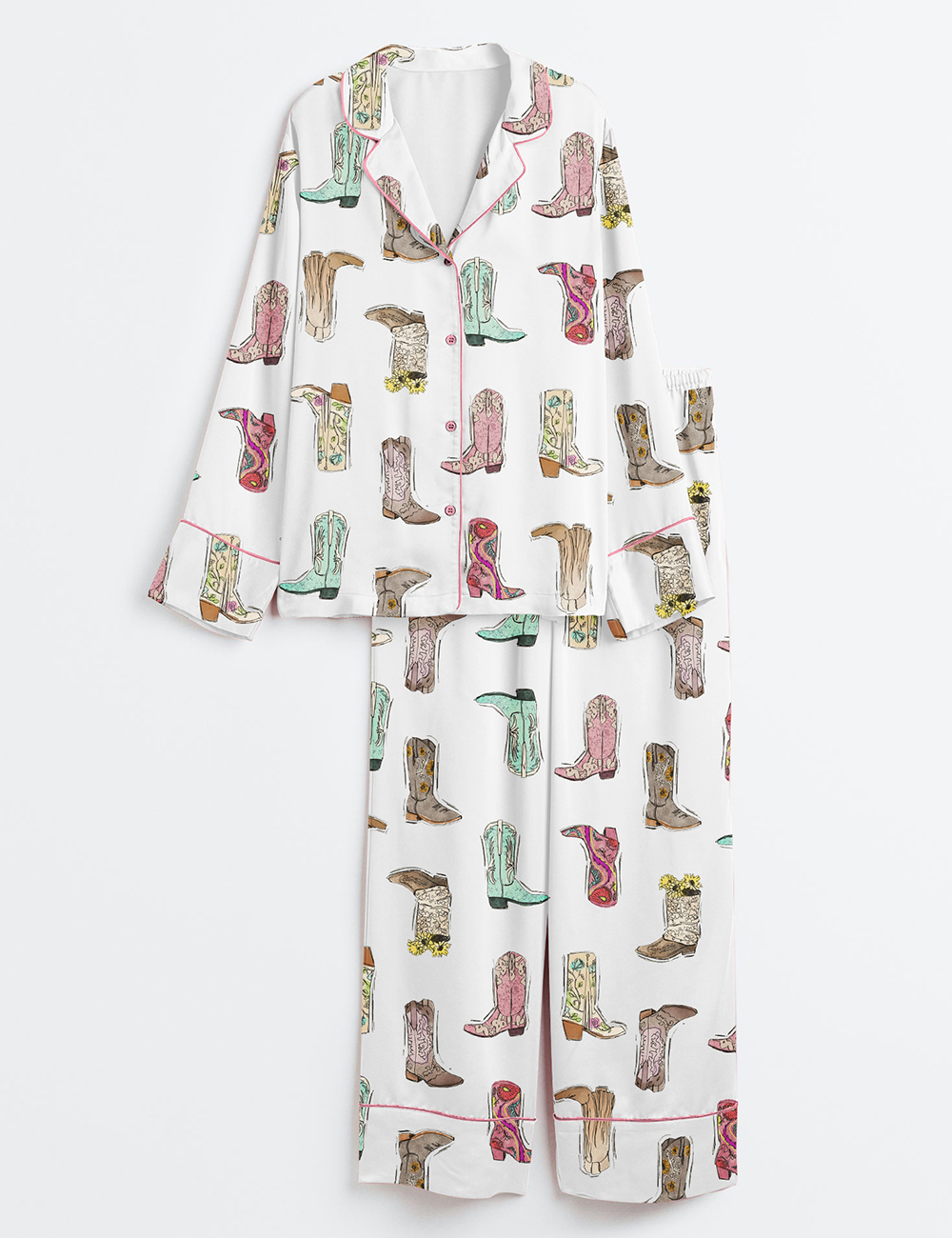 Womenâ€™s Retro Western Boots Cowgirl Print Long Sleeve Satin Pajama Set