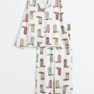 Women's Retro Western Boots Cowgirl Print Long Sleeve Satin Pajamas Set