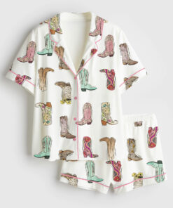 Women's Retro Western Boots Cowgirl Print Short Sleeve Satin Pajama Set