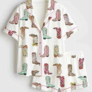 Womenâ€™s Retro Western Boots Cowgirl Print Short Sleeve Satin Pajama Set