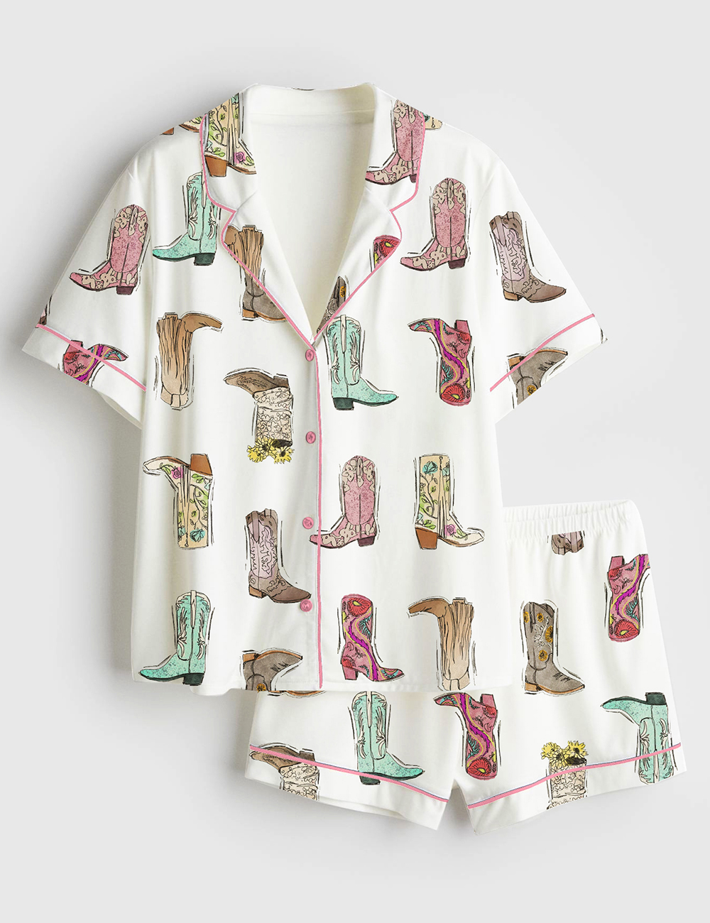 Womenâ€™s Retro Western Boots Cowgirl Print Short Sleeve Satin Pajama Set