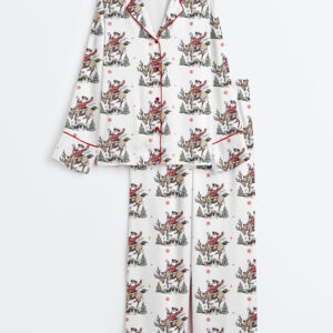 Womenâ€™s Retro Western Christmas Cowboy Santa Buckle Up Snowflake Rodeo Long Sleeve Satin Pajama Set