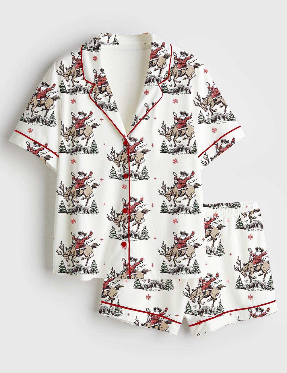 Womenâ€™s Retro Western Christmas Cowboy Santa Buckle Up Snowflake Rodeo Short Sleeve Satin Pajama Set