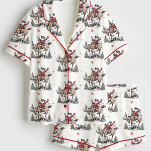 Women's Retro Western Christmas Cowboy Santa Buckle Up Snowflake Rodeo Short Sleeve Satin Pajama Set