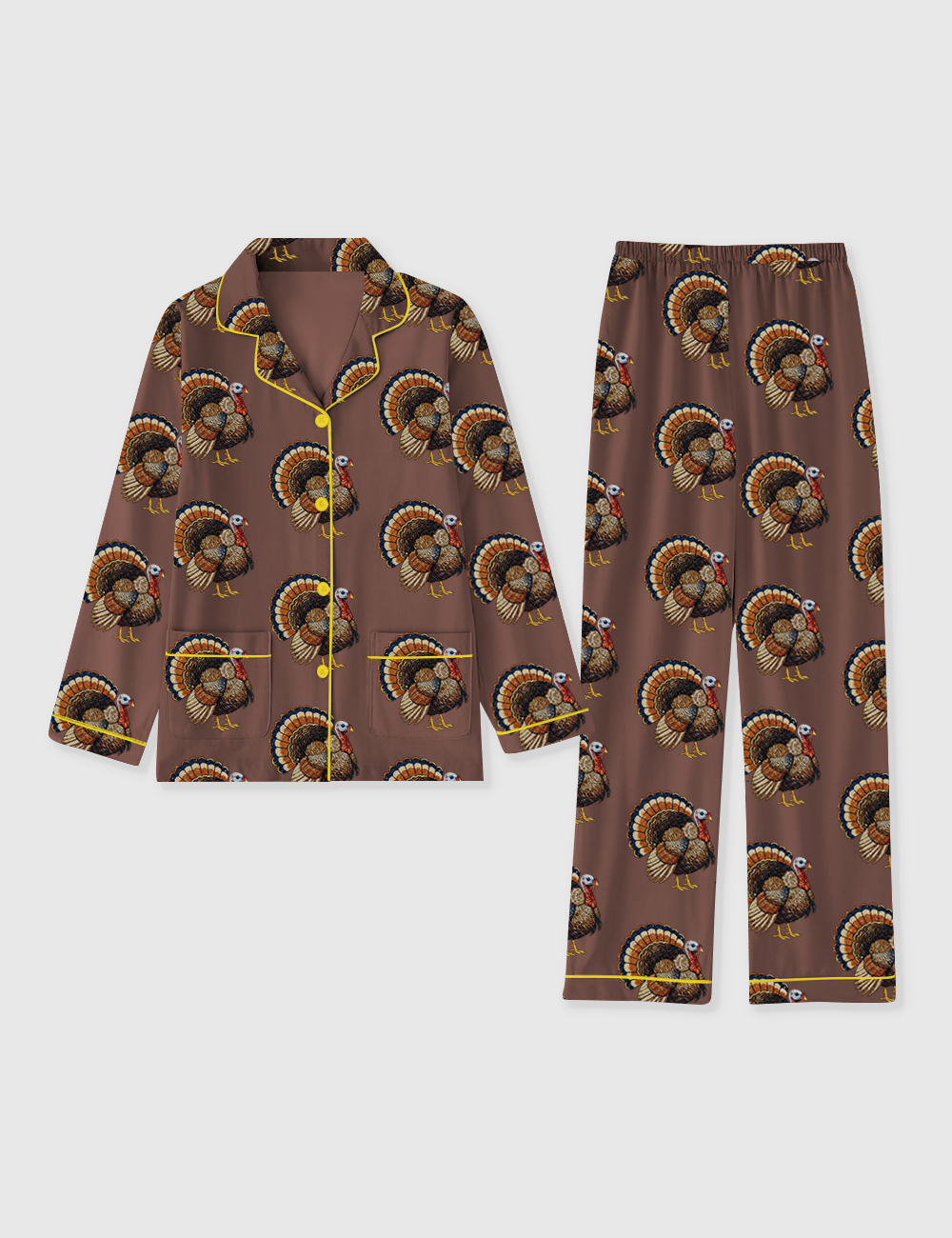 Women's Rhinestone Turkey Thanksgiving Cozy Autumn Long Sleeve Pocket Cotton Pajamas Set