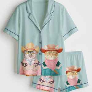 Women's Rodeo Cats Tabby And Orange Cat Western Short Sleeve Satin Pajama Set