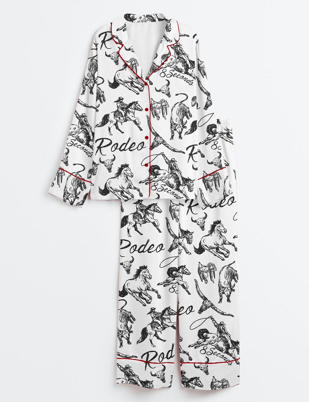 Women's Rodeo Cowboy Western Bull Riding Horse Roping 8 Seconds Long Sleeve Satin Pajamas Set