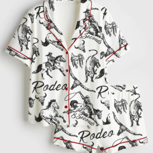 Womenâ€™s Rodeo Cowboy Western Bull Riding Horse Roping 8 Seconds Short Sleeve Satin Pajama Set