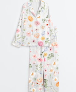 Women's Romance Floral Watercolor Flower Wedding Flower Watercolor Bouquet Spring Flower Print Long Sleeve Satin Pajama Set