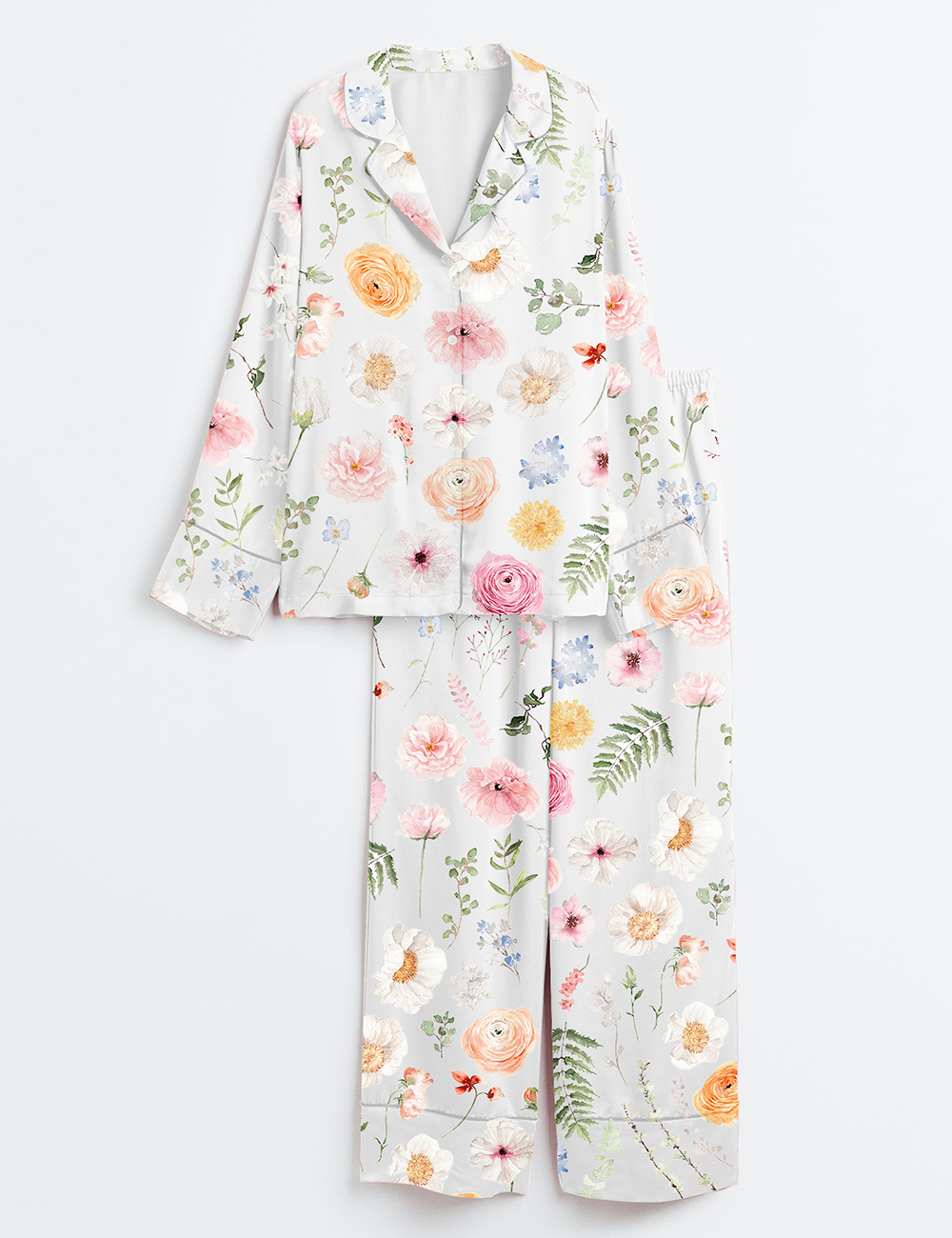 Womenâ€™s Romance Floral Watercolor Flower Wedding Flower Watercolor Bouquet Spring Flower Print Long Sleeve Satin Pajama Set