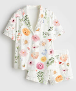 Women's Romance Floral Watercolor Flower Wedding Flower Watercolor Bouquet Spring Flower Print Short Sleeve Satin Pajama Set